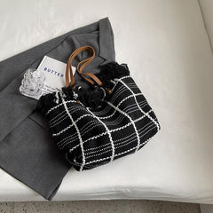 Plaid Pattern Canvas Tote Bag Gingham Shoulder Bag with Fringe Trim