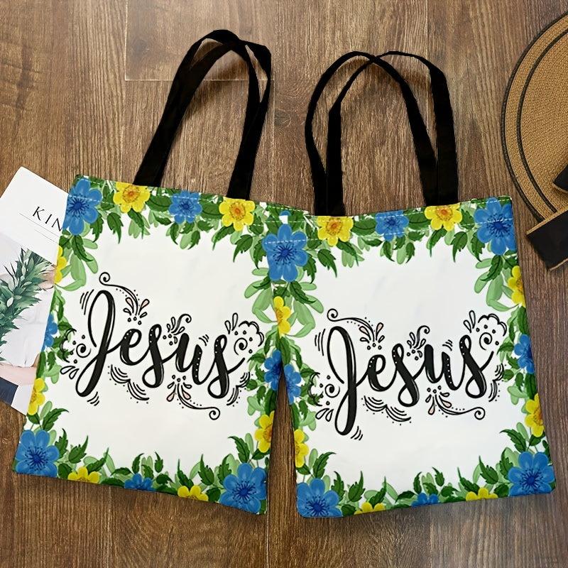 Flower & Letters Print Canvas Handbag Lightweight Shoulder Bag