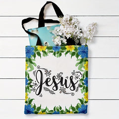 Flower & Letters Print Canvas Handbag Lightweight Shoulder Bag