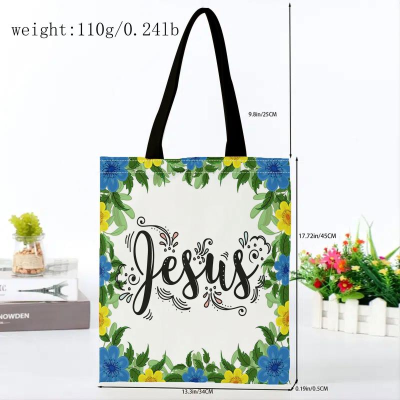 Flower & Letters Print Canvas Handbag Lightweight Shoulder Bag