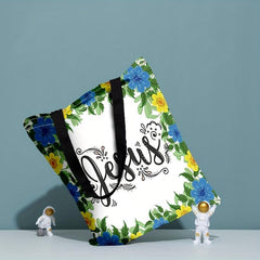 Flower & Letters Print Canvas Handbag Lightweight Shoulder Bag