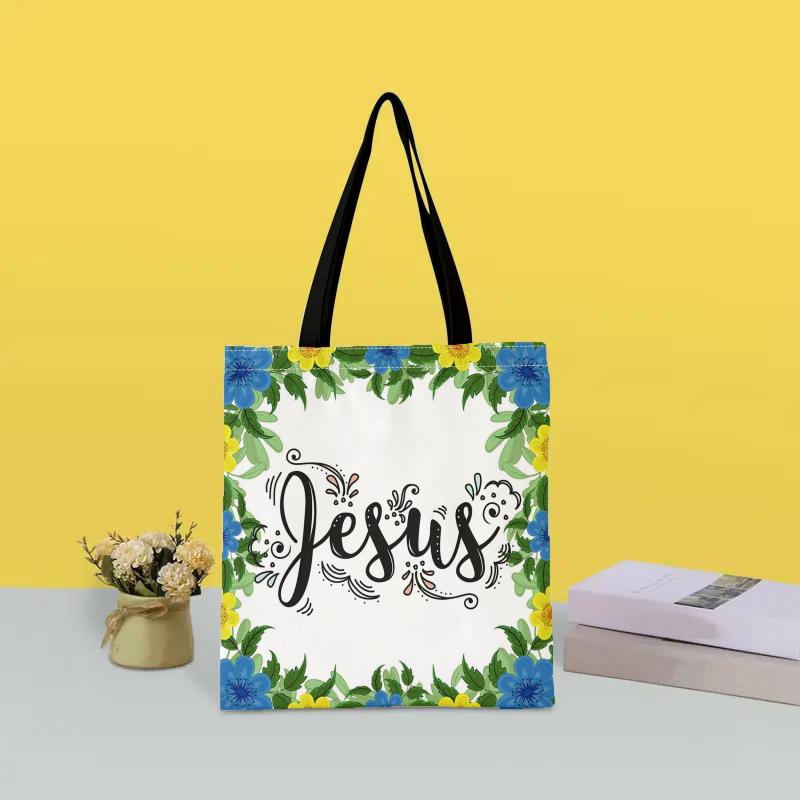 Flower & Letters Print Canvas Handbag Lightweight Shoulder Bag