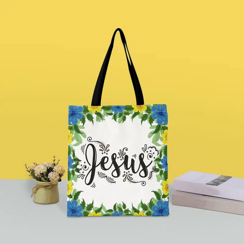 Flower & Letters Print Canvas Handbag Lightweight Shoulder Bag