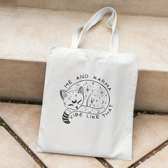 Cartoon Cat Canvas Shoulder Bag Lightweight Handbag Versatile Shopper Bag