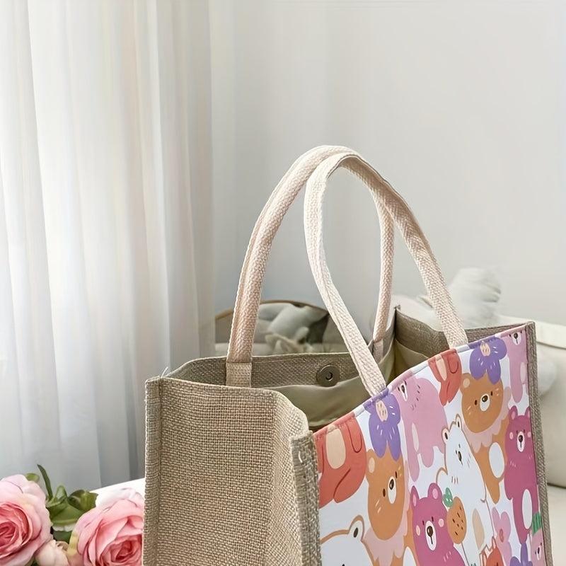 Bear Print Canvas Tote Bag Lightweight Shoulder Satchel