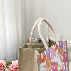 Bear Print Canvas Tote Bag Lightweight Shoulder Satchel