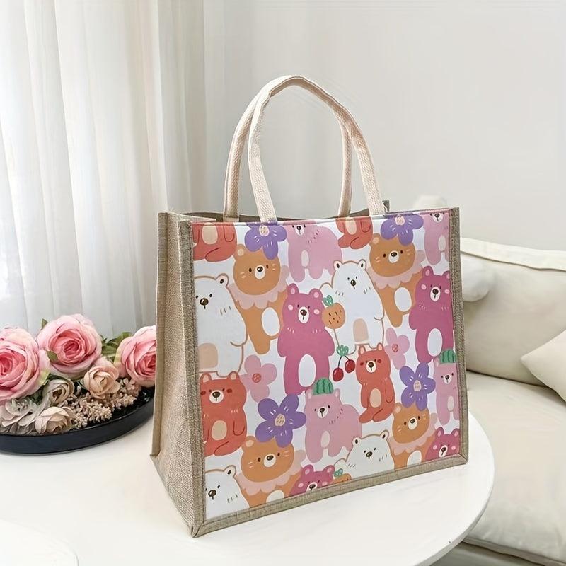 Bear Print Canvas Tote Bag Lightweight Shoulder Satchel