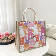 Bear Print Canvas Tote Bag Lightweight Shoulder Satchel