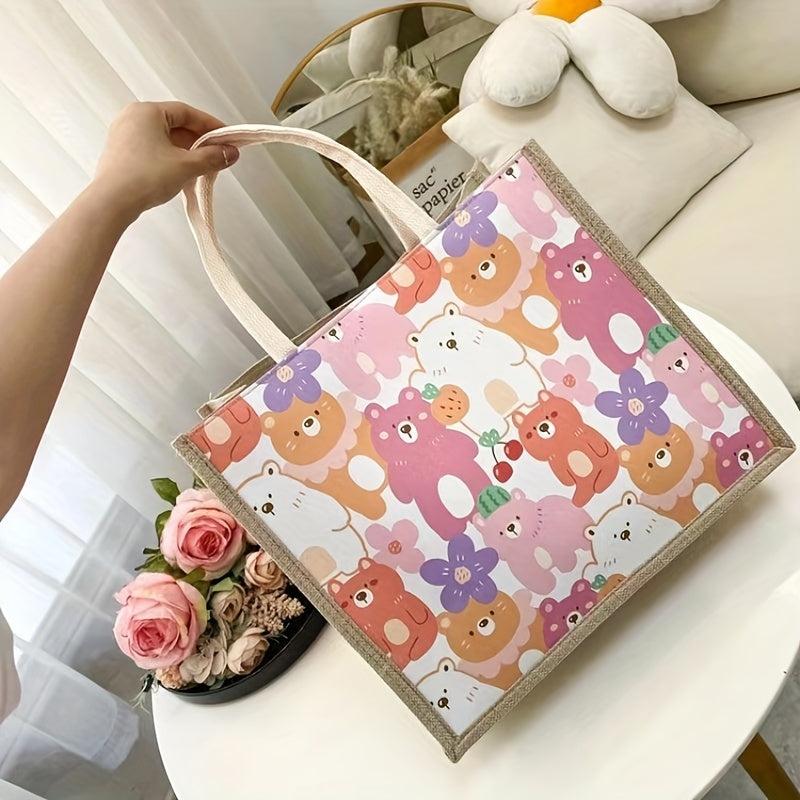 Bear Print Canvas Tote Bag Lightweight Shoulder Satchel