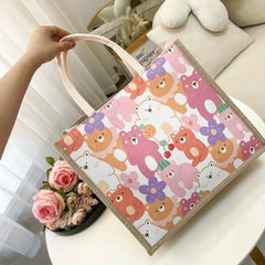 Bear Print Canvas Tote Bag Lightweight Shoulder Satchel