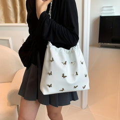Butterfly Bucket Bag Chain Crossbody Purse Drawstring Shoulder Y2K