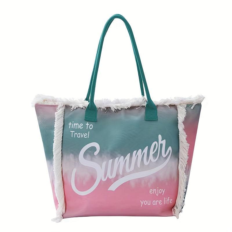 Tie Dye Letter Print Tote Bag Tassel Decor Shoulder Bag
