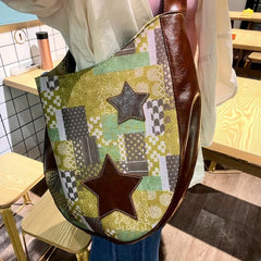 Star Pattern Hobo Shoulder Bag Vintage Crossbody Bag Large Capacity Tote Bag