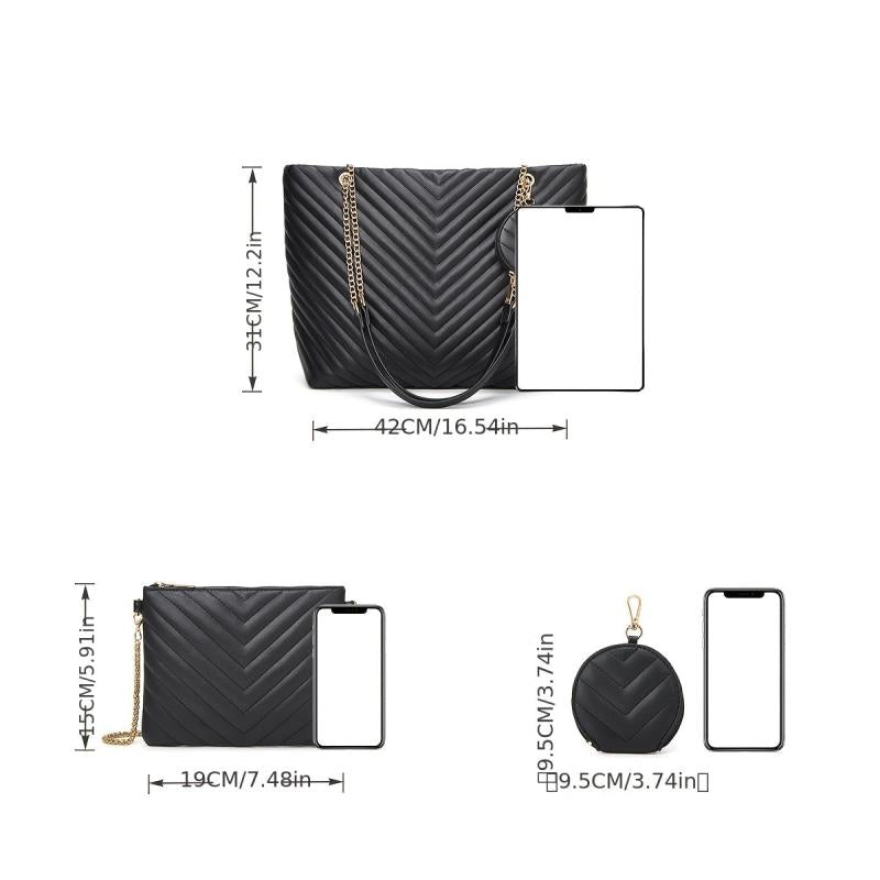 2PCS Chevron Quilted Tote Bag Large Capacity Shoulder Bag Women's Casual Handbag