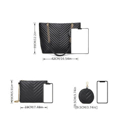 2PCS Chevron Quilted Tote Bag Large Capacity Shoulder Bag Women's Casual Handbag