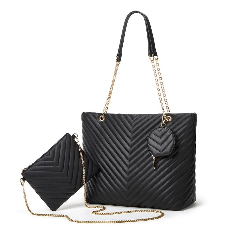 2PCS Chevron Quilted Tote Bag Large Capacity Shoulder Bag Women's Casual Handbag