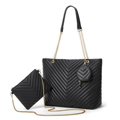 2PCS Chevron Quilted Tote Bag Large Capacity Shoulder Bag Women's Casual Handbag