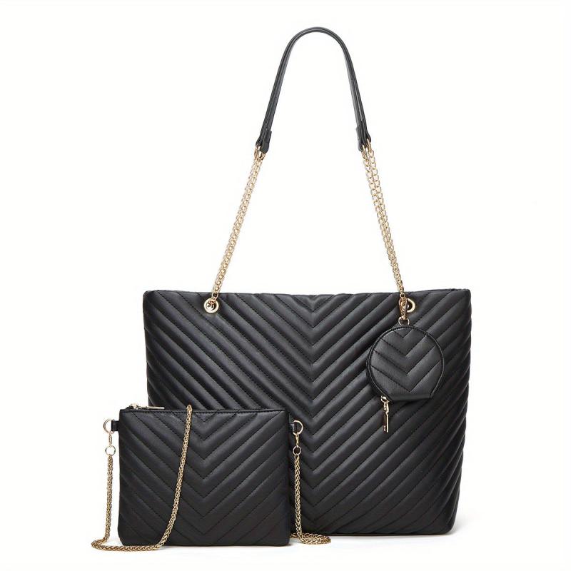 2PCS Chevron Quilted Tote Bag Large Capacity Shoulder Bag Women's Casual Handbag