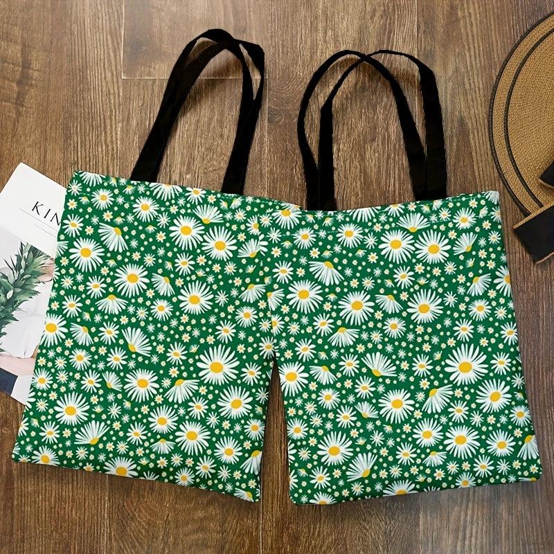 Daisy Print Canvas Tote Bag Retro Lightweight Shopping Bag