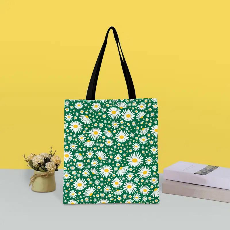 Daisy Print Canvas Tote Bag Retro Lightweight Shopping Bag