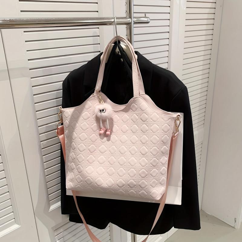Plush Pendant Chequer Large Capacity Tote Bag PU Leather Shoulder Bag