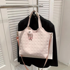 Plush Pendant Chequer Large Capacity Tote Bag PU Leather Shoulder Bag