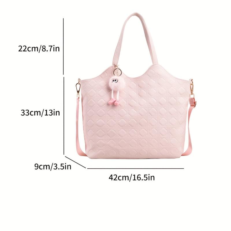 Plush Pendant Chequer Large Capacity Tote Bag PU Leather Shoulder Bag