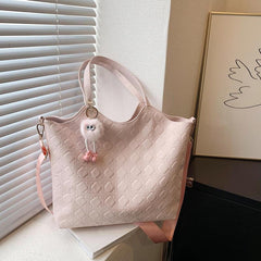 Plush Pendant Chequer Large Capacity Tote Bag PU Leather Shoulder Bag