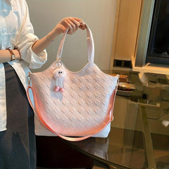 Plush Pendant Chequer Large Capacity Tote Bag PU Leather Shoulder Bag