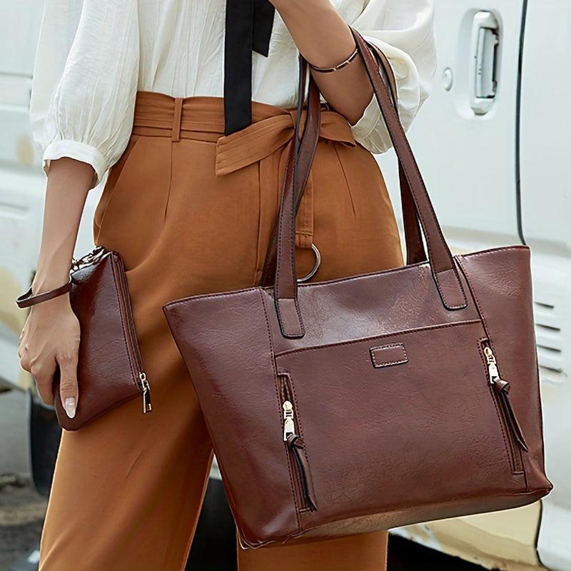 Vintage Vegan Leather Tote Bag 2pcs Set Large Capacity Shoulder Handbag