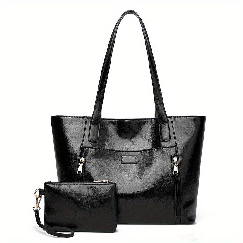 Vintage Vegan Leather Tote Bag 2pcs Set Large Capacity Shoulder Handbag