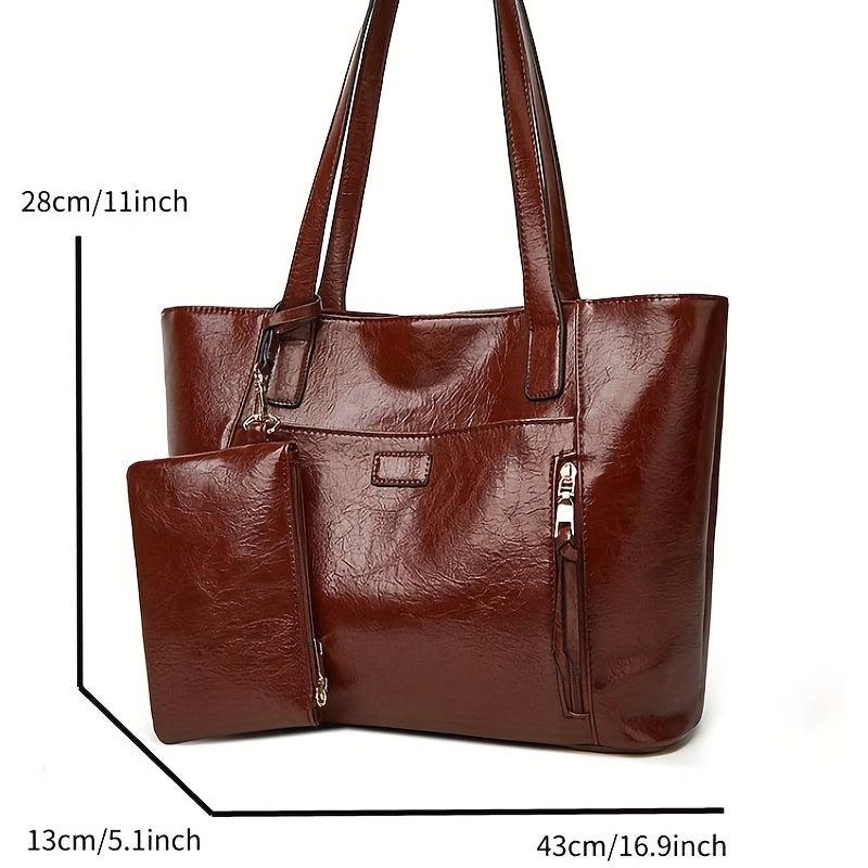Vintage Vegan Leather Tote Bag 2pcs Set Large Capacity Shoulder Handbag
