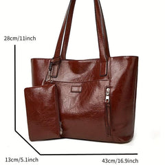 Vintage Vegan Leather Tote Bag 2pcs Set Large Capacity Shoulder Handbag