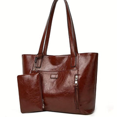 Vintage Vegan Leather Tote Bag 2pcs Set Large Capacity Shoulder Handbag