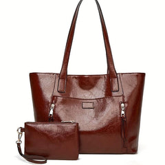 Vintage Vegan Leather Tote Bag 2pcs Set Large Capacity Shoulder Handbag