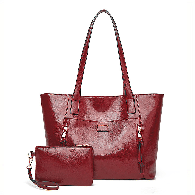 Vintage Vegan Leather Tote Bag 2pcs Set Large Capacity Shoulder Handbag