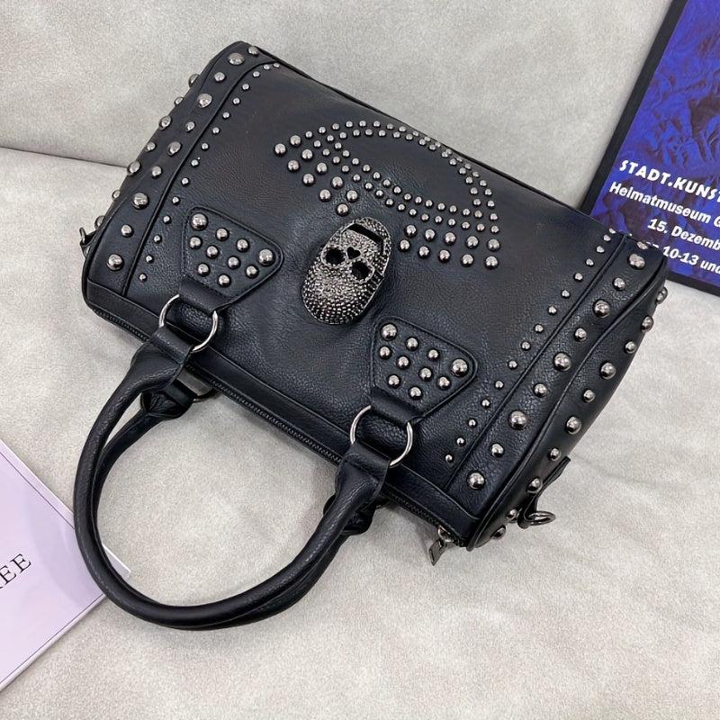 Gothic Style Skull Tote Bag Steampunk Studded Decor Boston Bag