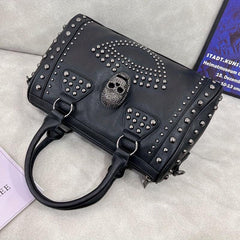 Gothic Style Skull Tote Bag Steampunk Studded Decor Boston Bag