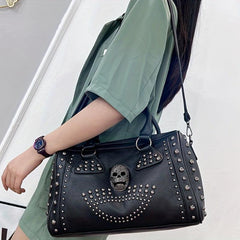 Gothic Style Skull Tote Bag Steampunk Studded Decor Boston Bag