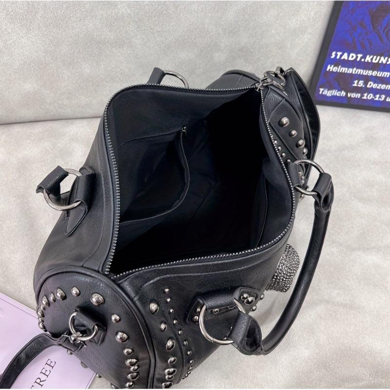 Gothic Style Skull Tote Bag Steampunk Studded Decor Boston Bag