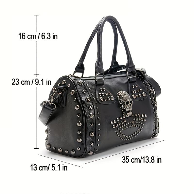Gothic Style Skull Tote Bag Steampunk Studded Decor Boston Bag