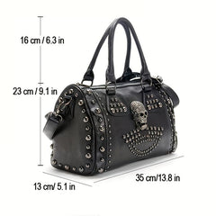 Gothic Style Skull Tote Bag Steampunk Studded Decor Boston Bag