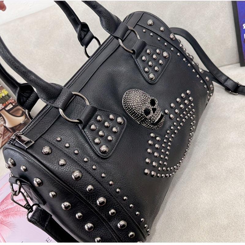 Gothic Style Skull Tote Bag Steampunk Studded Decor Boston Bag