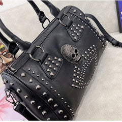 Gothic Style Skull Tote Bag Steampunk Studded Decor Boston Bag