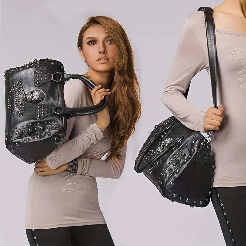 Gothic Style Skull Tote Bag Steampunk Studded Decor Boston Bag