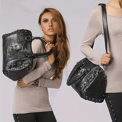 Gothic Style Skull Tote Bag Steampunk Studded Decor Boston Bag