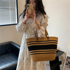 Colorblock Woven Beach Bag Large Tote Boho Handbag