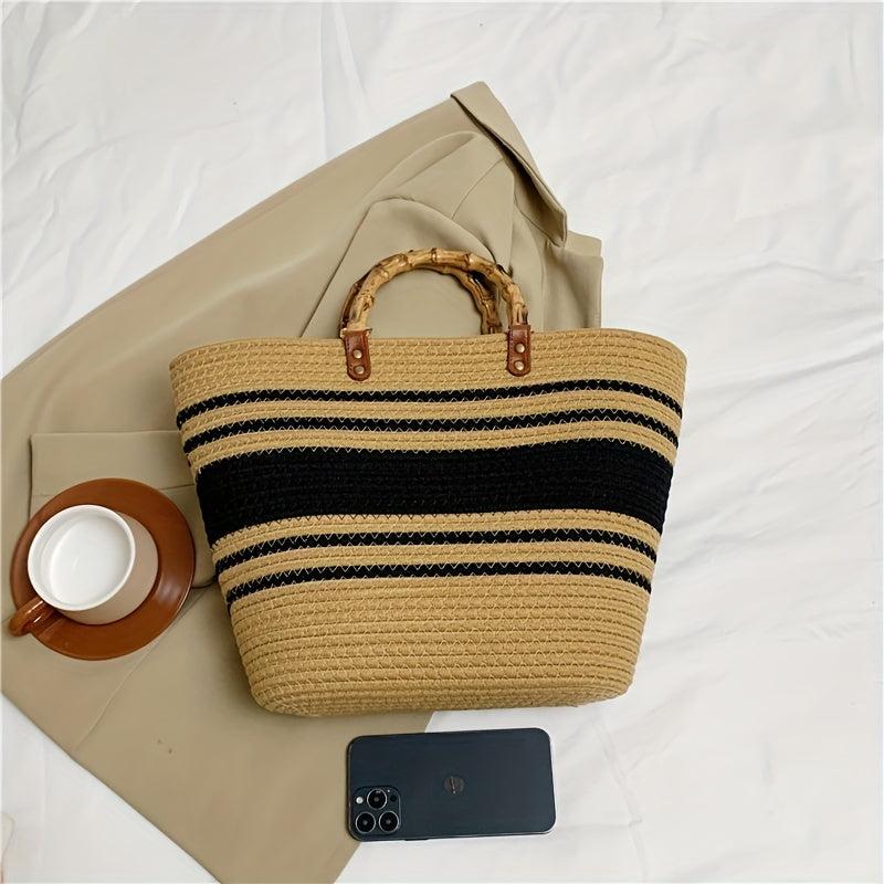 Colorblock Woven Beach Bag Large Tote Boho Handbag