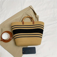 Colorblock Woven Beach Bag Large Tote Boho Handbag