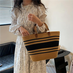 Colorblock Woven Beach Bag Large Tote Boho Handbag